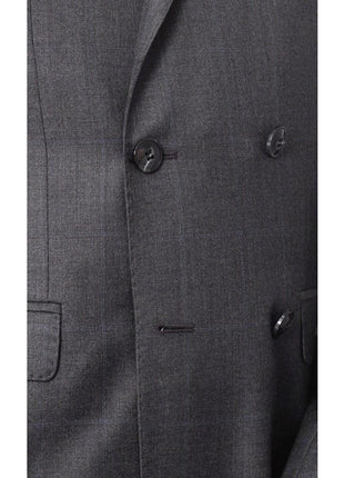Carducci TWO PIECE SUITS Carducci Mens Gray With Blue Windowpane 100% Wool Slim Fit Suit