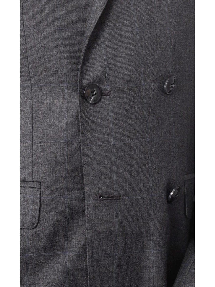 Carducci TWO PIECE SUITS Carducci Mens Gray With Blue Windowpane 100% Wool Slim Fit Suit