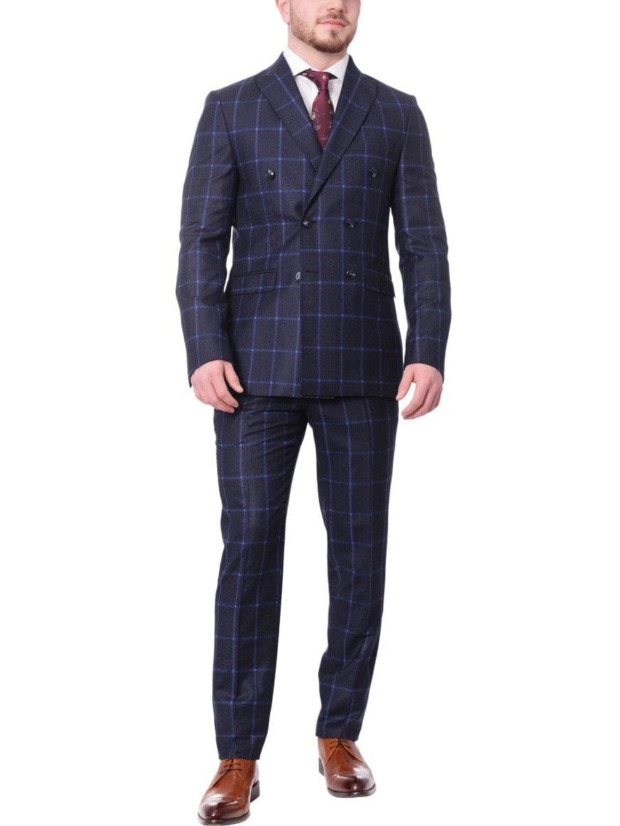 Carducci TWO PIECE SUITS Carducci Mens Navy Blue Windowpane 100% Wool Flannel Slim Fit Suit