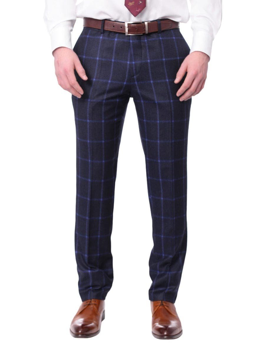 Carducci TWO PIECE SUITS Carducci Mens Navy Blue Windowpane 100% Wool Flannel Slim Fit Suit