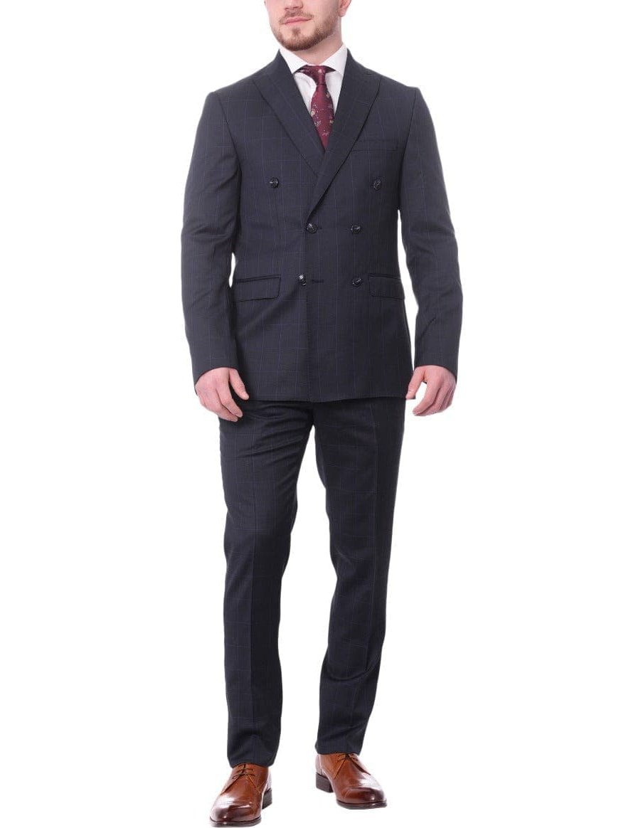 Carducci TWO PIECE SUITS Carducci Mens Navy Blue With Light Blue Windowpane 100% Wool Slim Fit Suit