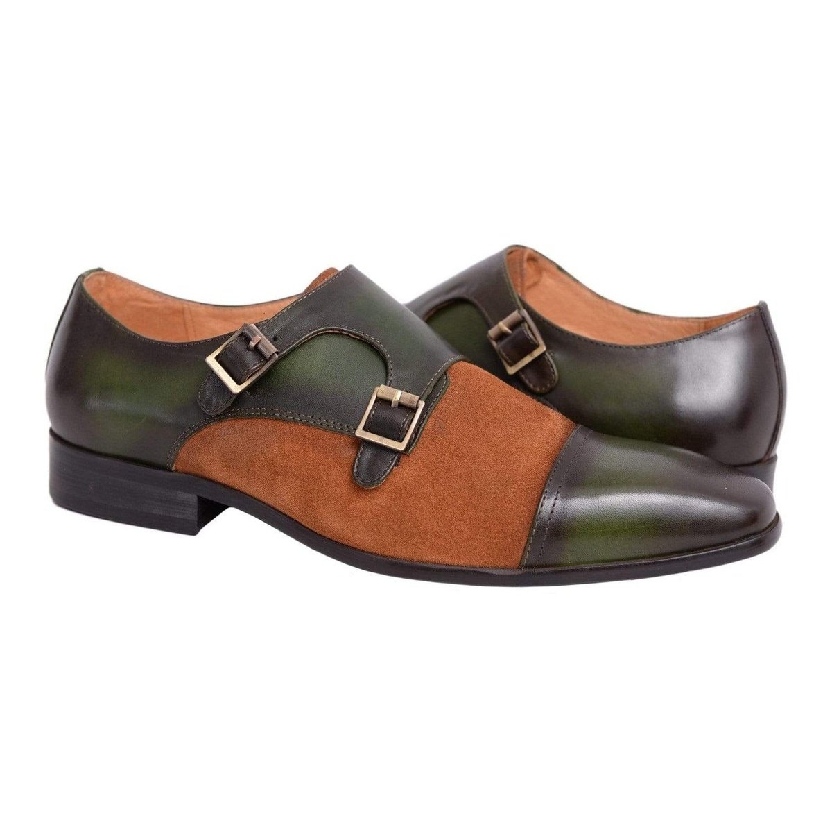 Carrucci SHOES 12 Carrucci Green With Brown Suede Cap Toe Oxford Monk Strap Leather Dress Shoes