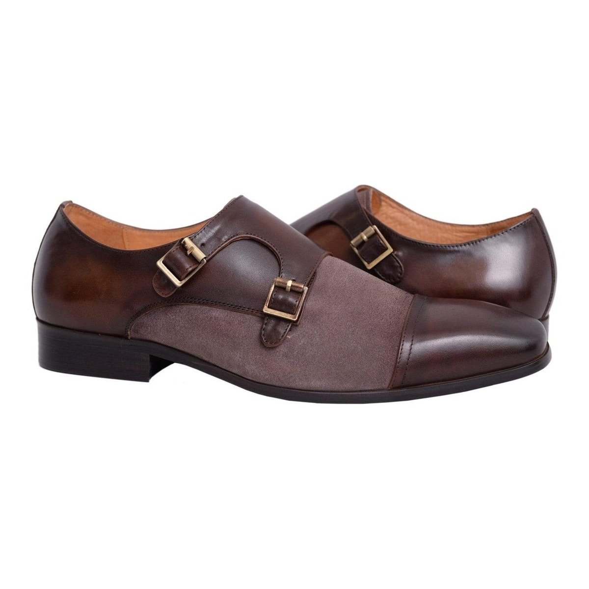 Carrucci SHOES 8.5 Mens Carrucci Brown Suede Cap Toe Oxford Leather Monk Strap Dress Shoes