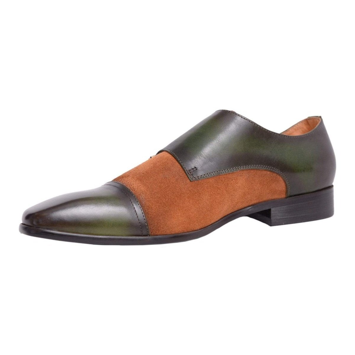 Carrucci SHOES Carrucci Green With Brown Suede Cap Toe Oxford Monk Strap Leather Dress Shoes