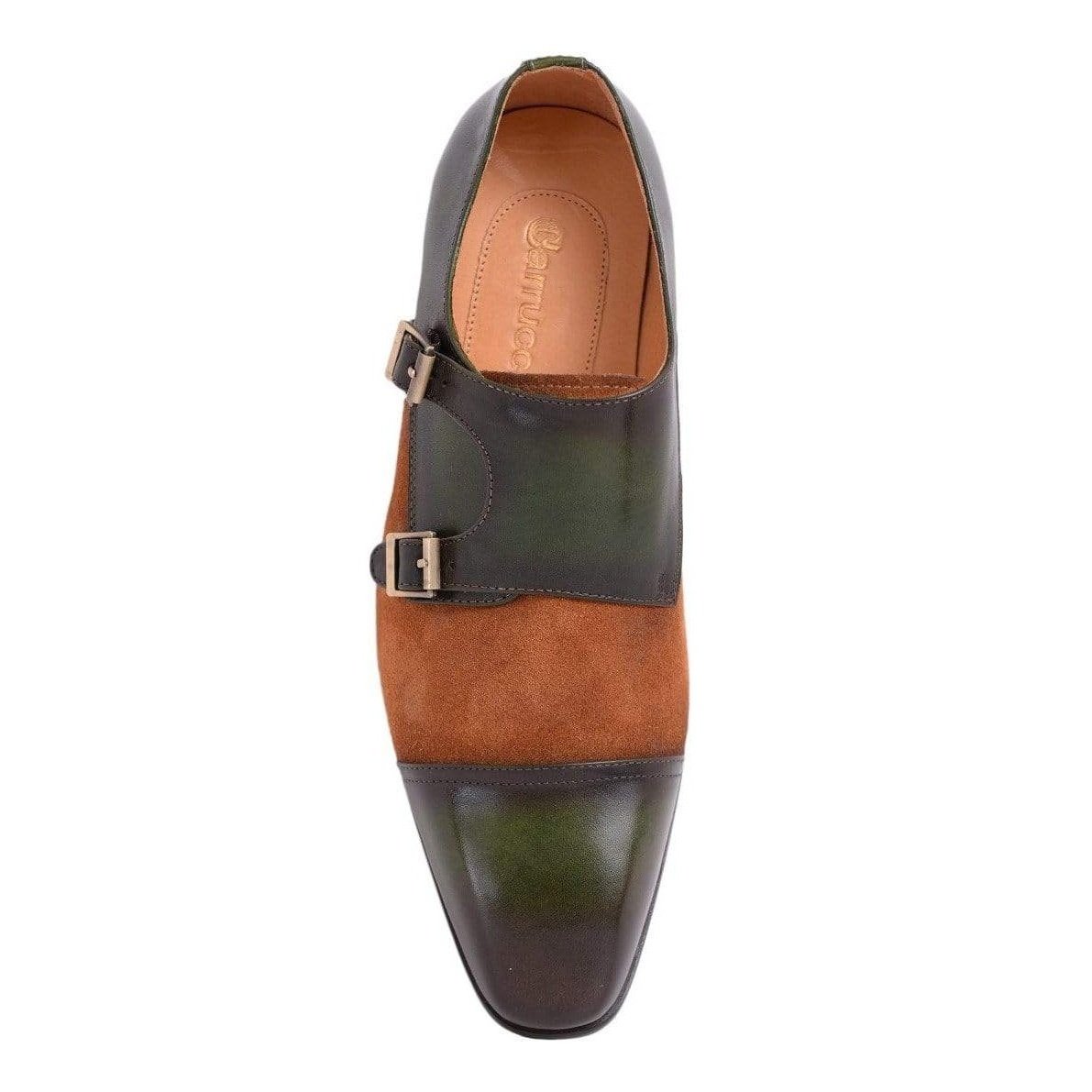 Carrucci SHOES Carrucci Green With Brown Suede Cap Toe Oxford Monk Strap Leather Dress Shoes