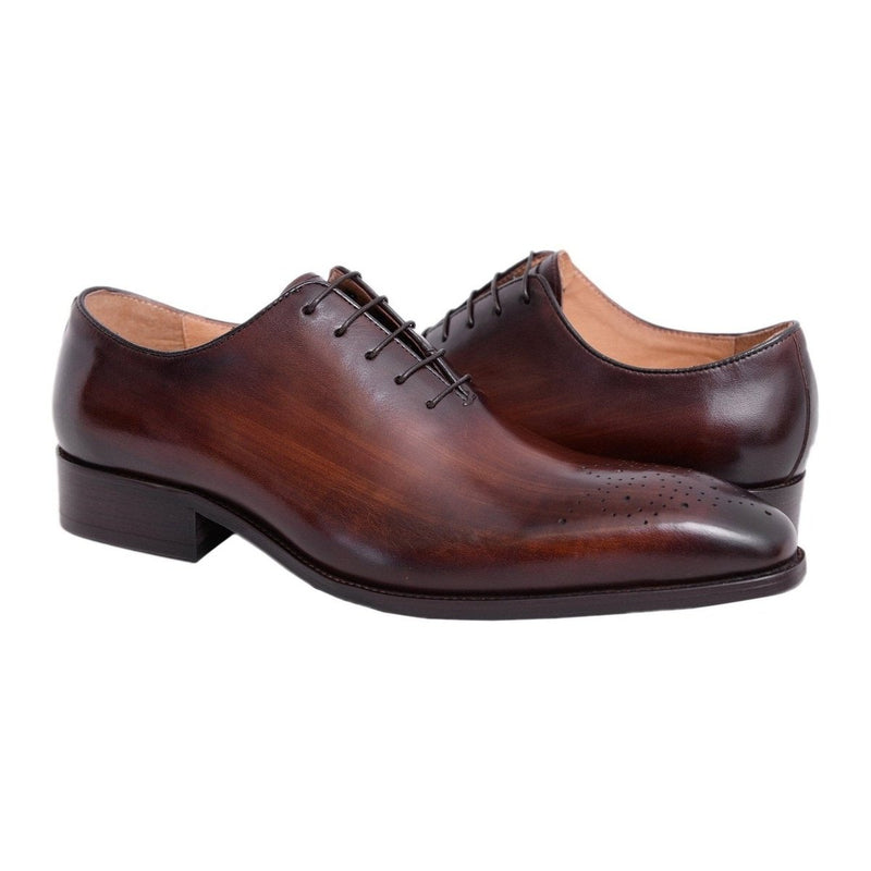 Men's Brown Leather Dress Shoes - Carrucci Chestnut Whole Cut Oxford Style - Breathable 100% Leather Uppers - for Business and Formal Wear