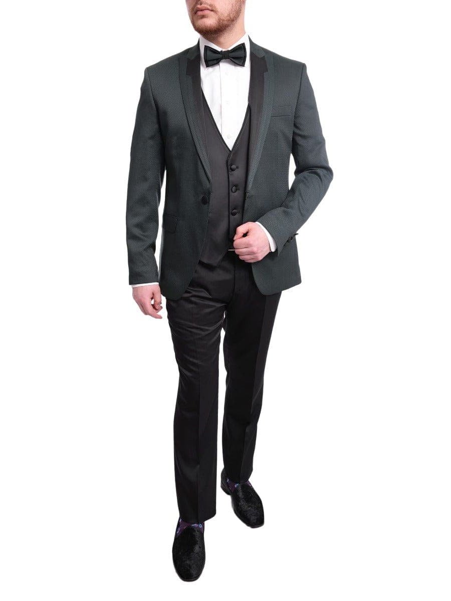 Cemden Sale Suits Cemden Slim Fit Green Textured One Button Three Piece Tuxedo Suit