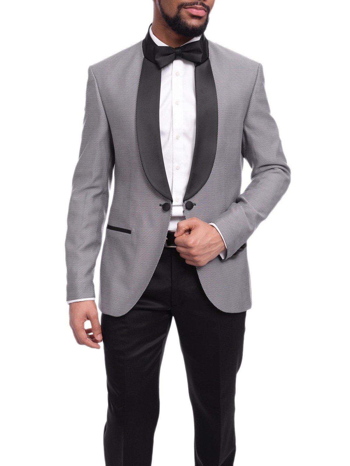 Cemden Sale Suits Cemden Slim Fit Silver Link Front Satin Tuxedo Suit Mandarin Collar Shawl Lapels