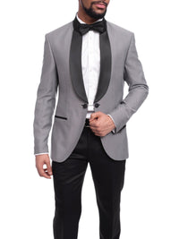 Thumbnail for Cemden Sale Suits Cemden Slim Fit Silver Link Front Satin Tuxedo Suit Mandarin Collar Shawl Lapels