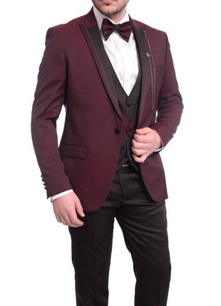 Cemden THREE PIECE SUITS Cemden Extra Slim Fit Burgundy Diamond Motif One Button Three Piece Tuxedo