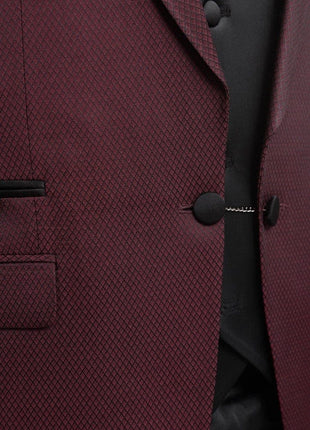 Cemden THREE PIECE SUITS Cemden Extra Slim Fit Burgundy With Black Diamond Check Three Piece Tuxedo