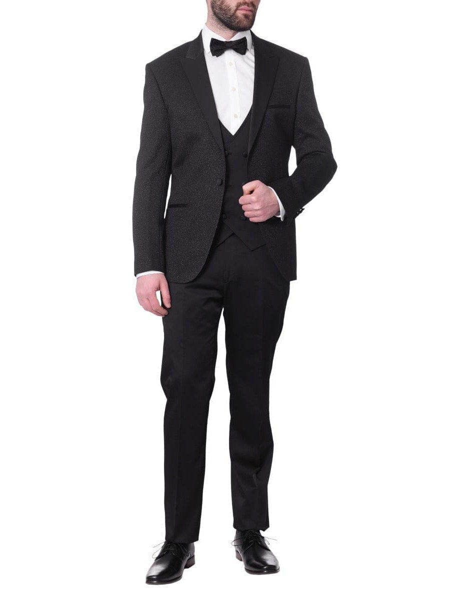 Cemden THREE PIECE SUITS Cemden Mens Solid Black Slim Fit One Button Three Piece Tuxedo Suit