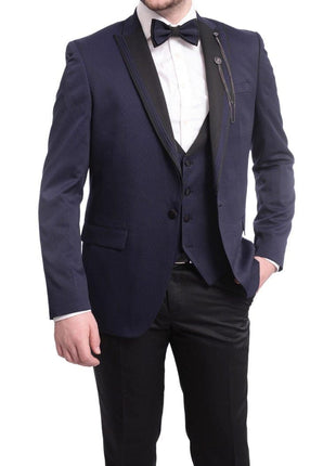 Cemden TUXEDOS Cemden Extra Slim Fit Navy Blue Textured One Button Tuxedo With Matching Vest