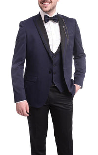 Thumbnail for Cemden TUXEDOS Cemden Extra Slim Fit Navy Blue Textured One Button Tuxedo With Matching Vest