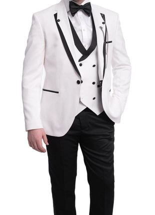 Cemden TWO PIECE SUITS Cemden Extra Slim Fit White Textured One Button Tuxedo With Matching Vest
