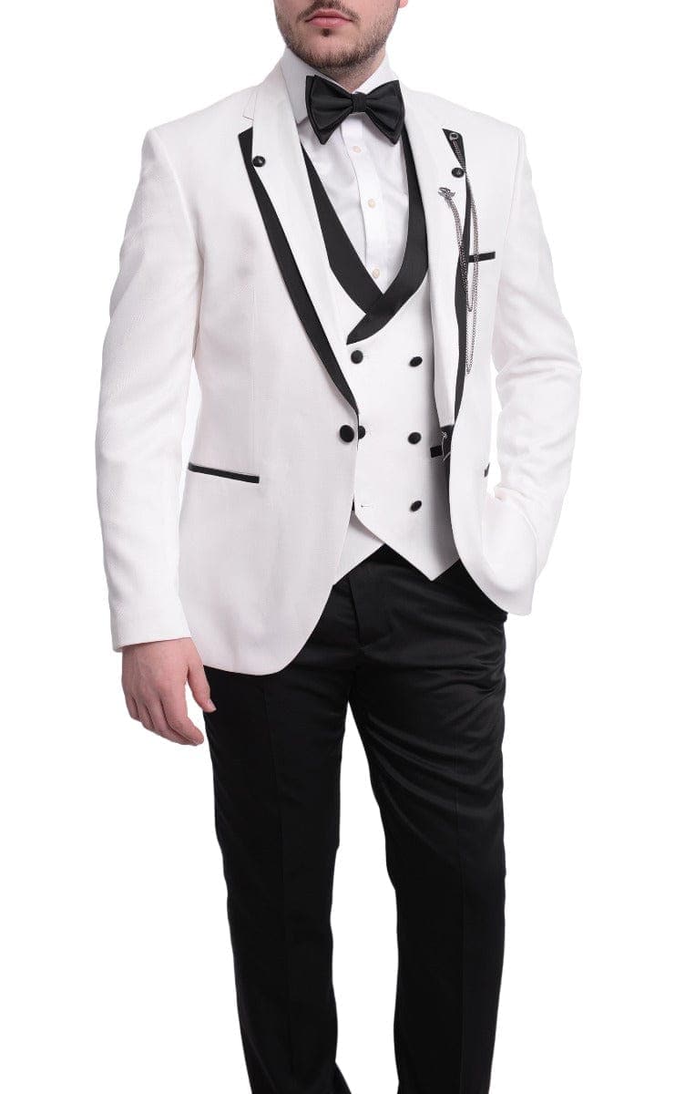 Cemden TWO PIECE SUITS Cemden Extra Slim Fit White Textured One Button Tuxedo With Matching Vest