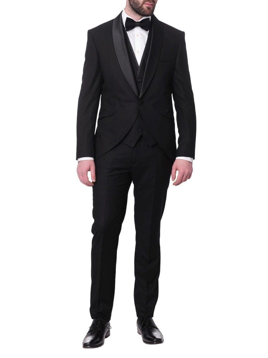 Cemden TWO PIECE SUITS Cemden Mens Slim Fit Solid Black 1 Button 3 Piece Tuxedo Suit With Shawl Lapels