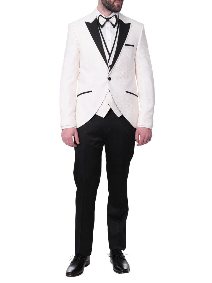 Cemden TWO PIECE SUITS Cemden Mens Slim Fit Solid White 1-button 3 Piece Tuxedo Suit With Peak Lapels