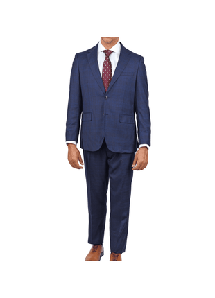 Centrion SUITS Centrion Mens Blue Plaid Regular Fit 100% Wool 2 Button Suit