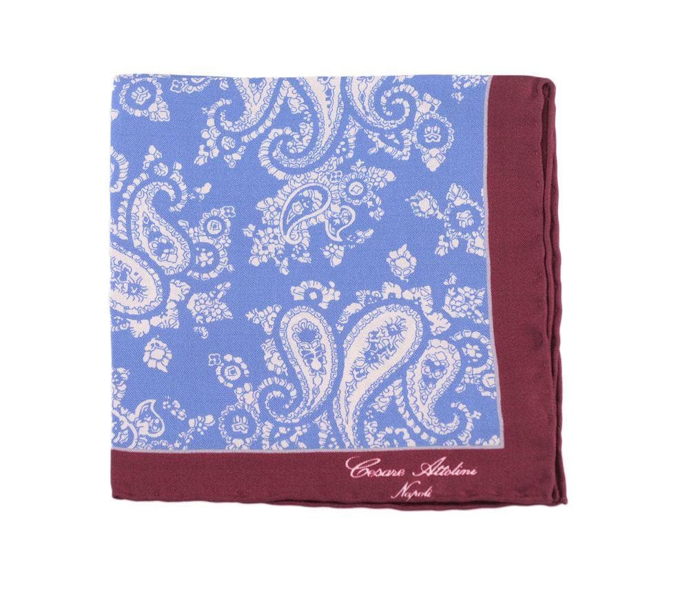 Cesare Attolini Pocket Squares Cesare Attolini Blue Paisley With Burgundy Trim Pocket Square Handmade In Italy
