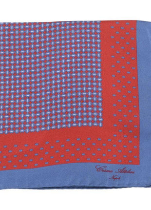 Cesare Attolini Pocket Squares Cesare Attolini Blue & Red Geometric Print Silk Pocket Square Handmade In Italy