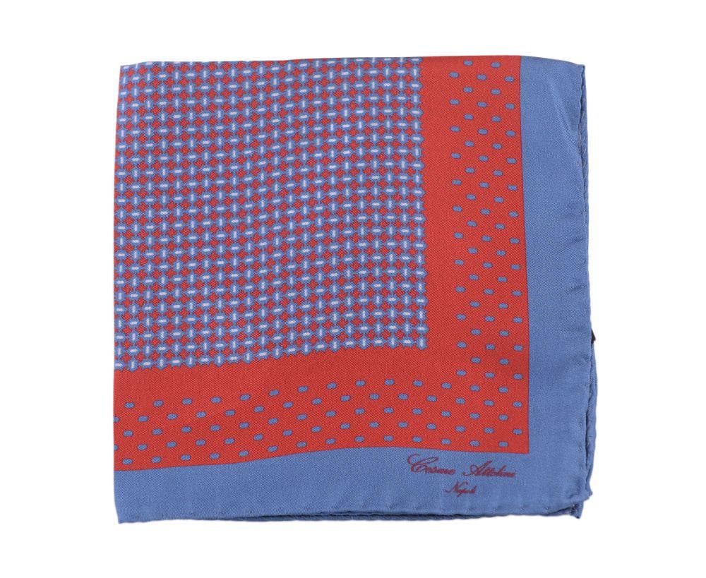 Cesare Attolini Pocket Squares Cesare Attolini Blue &amp; Red Geometric Print Silk Pocket Square Handmade In Italy