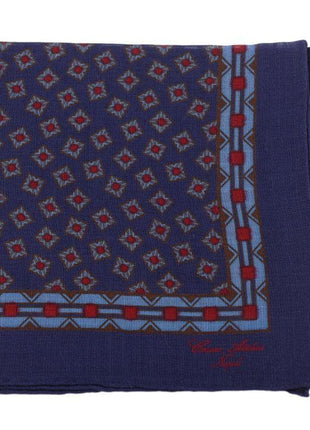 Cesare Attolini Pocket Squares Cesare Attolini Blue & Red Square Motif Wool Pocket Square Handmade In Italy