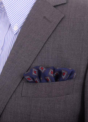 Cesare Attolini Pocket Squares Cesare Attolini Blue & Red Square Motif Wool Pocket Square Handmade In Italy