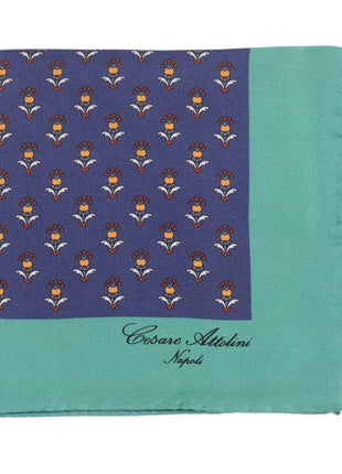 Cesare Attolini Pocket Squares Cesare Attolini Blue & Teal Motif Silk Pocket Square Handmade In Italy