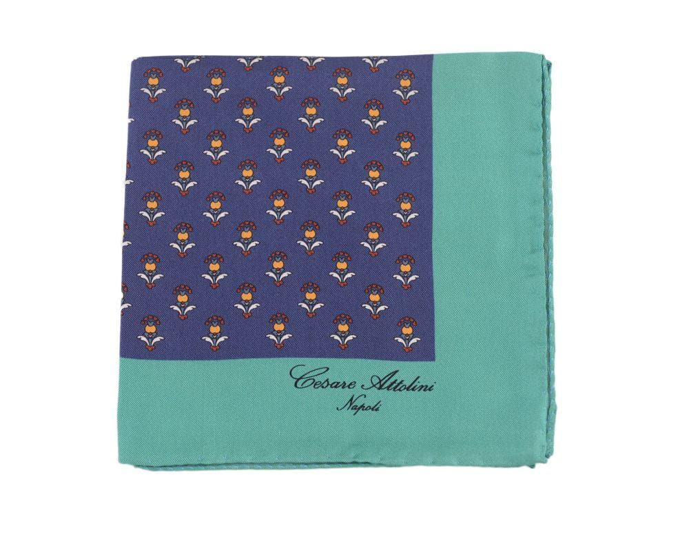 Cesare Attolini Pocket Squares Cesare Attolini Blue & Teal Motif Silk Pocket Square Handmade In Italy