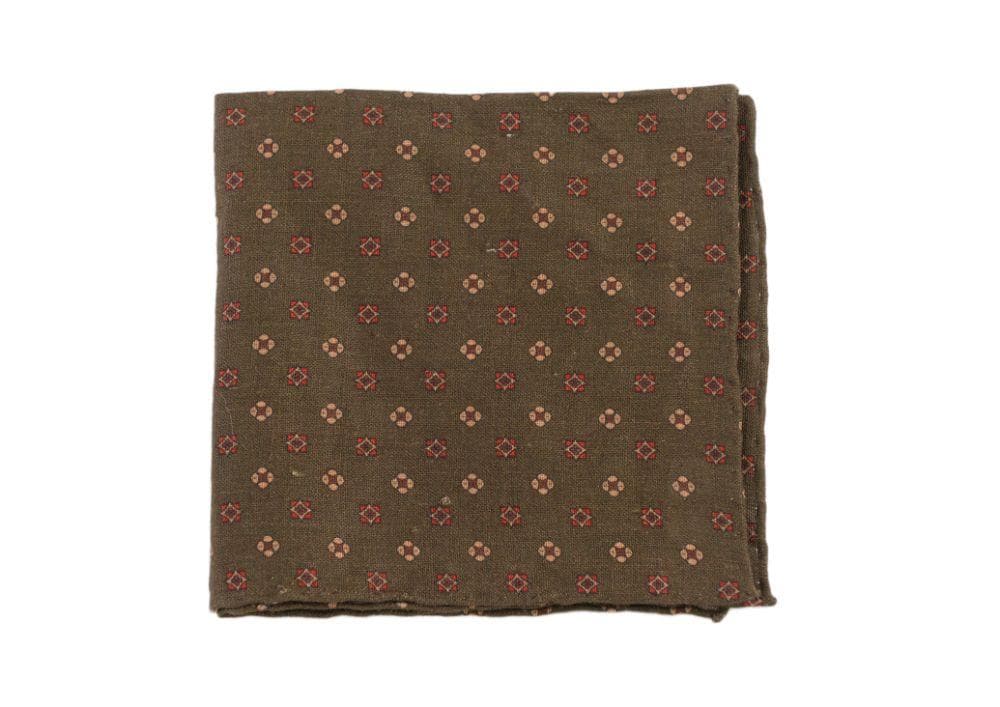 Cesare Attolini Dark Green Geometric Motif Linen Pocket Square Handmade In Italy - The Suit Depot