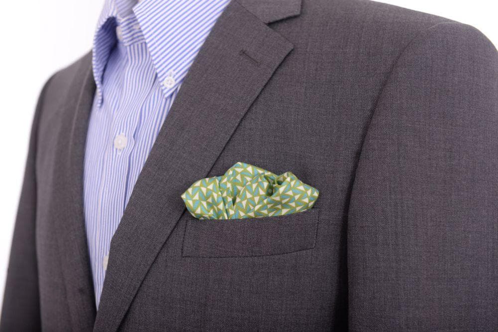 Cesare Attolini Pocket Squares Cesare Attolini Green Geometric Motif Silk Pocket Square Handmade In Italy