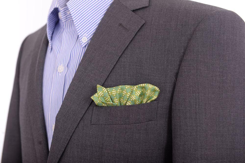 Cesare Attolini Pocket Squares Cesare Attolini Green Geometric Print Silk Pocket Square Handmade In Italy