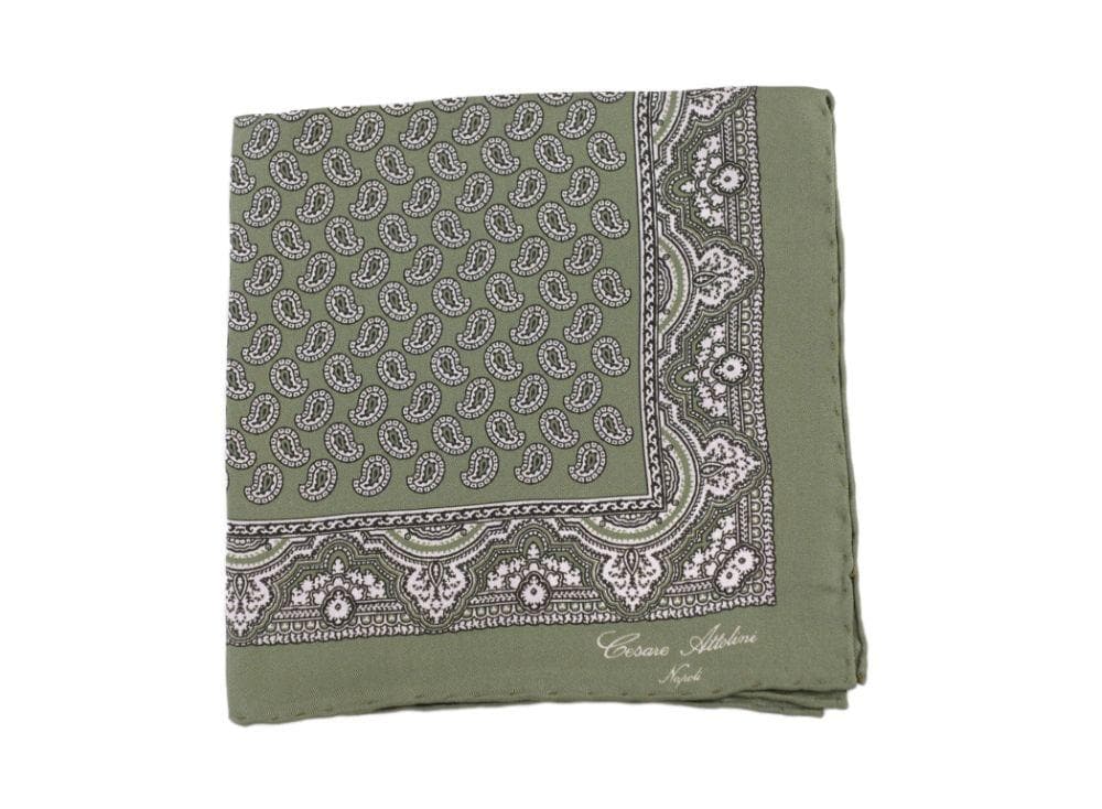 Cesare Attolini Pocket Squares Cesare Attolini Green Paisley Motif Pocket Square Handmade In Italy