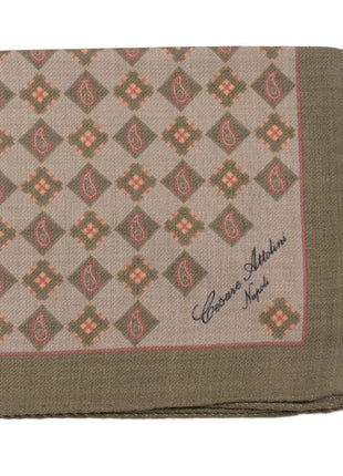 Cesare Attolini Pocket Squares Cesare Attolini Green & Red Paisley Motif Wool Pocket Square Handmade In Italy