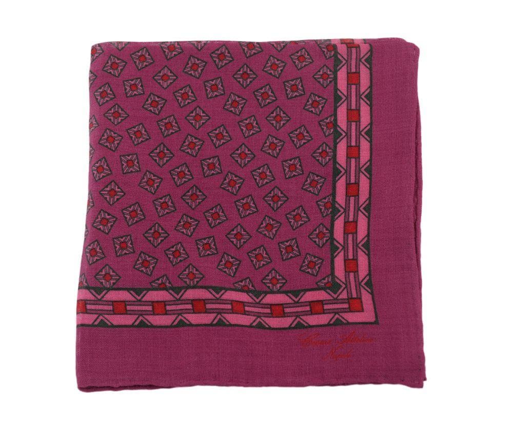 Cesare Attolini Pocket Squares Cesare Attolini Maroon & Pink Square Motif Wool Pocket Square Handmade In Italy