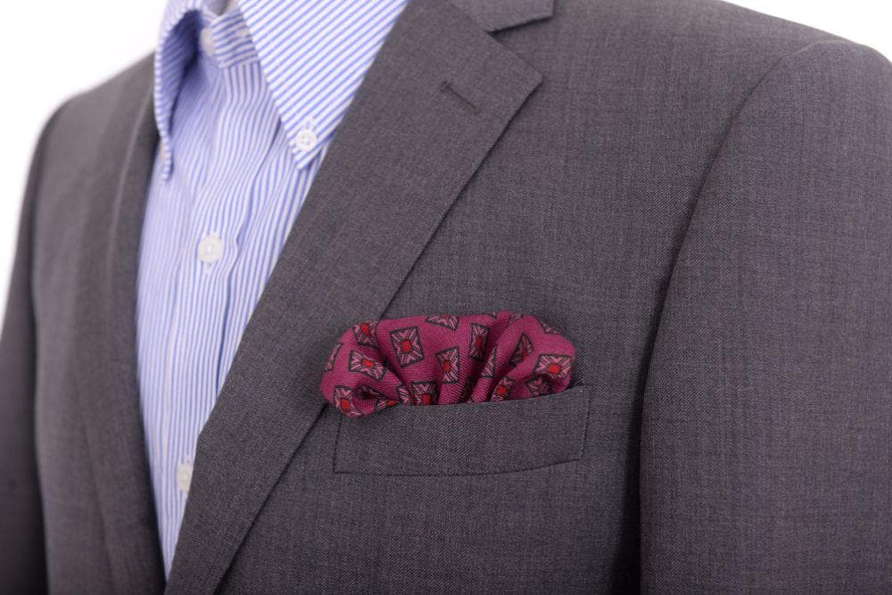 Cesare Attolini Pocket Squares Cesare Attolini Maroon &amp; Pink Square Motif Wool Pocket Square Handmade In Italy