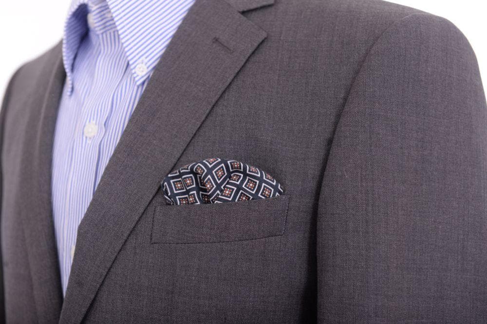 Cesare Attolini Pocket Squares Cesare Attolini Navy Blue Square Motif Linen Pocket Square Handmade In Italy