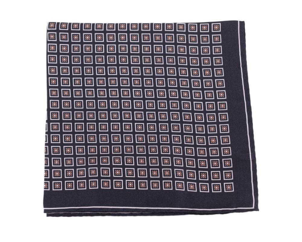 Cesare Attolini Pocket Squares Cesare Attolini Navy Blue Square Motif Silk Pocket Square Handmade In Italy