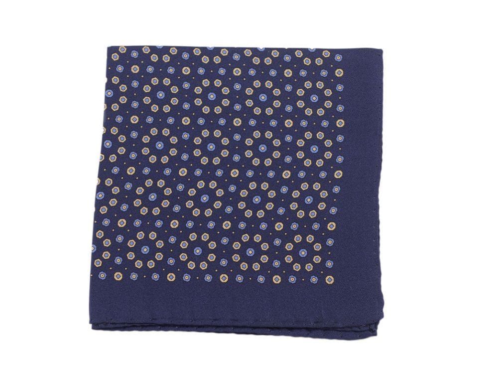 Cesare Attolini Pocket Squares Cesare Attolini Navy & Gold Circular Motif Silk Pocket Square Handmade In Italy