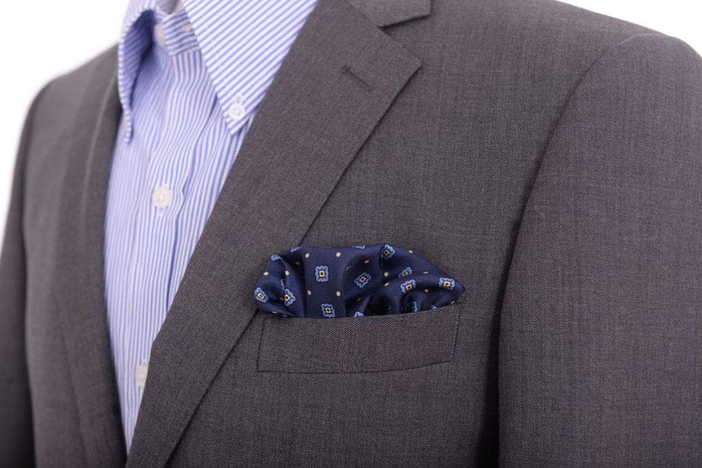 Cesare Attolini Pocket Squares Cesare Attolini Navy & Gold Geometric Motif Silk Pocket Square Handmade In Italy