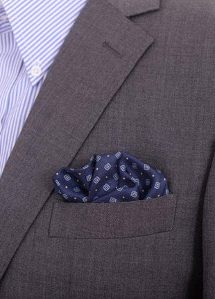 Cesare Attolini Pocket Squares Cesare Attolini Navy & Gold Geometric Motif Silk Pocket Square Handmade In Italy