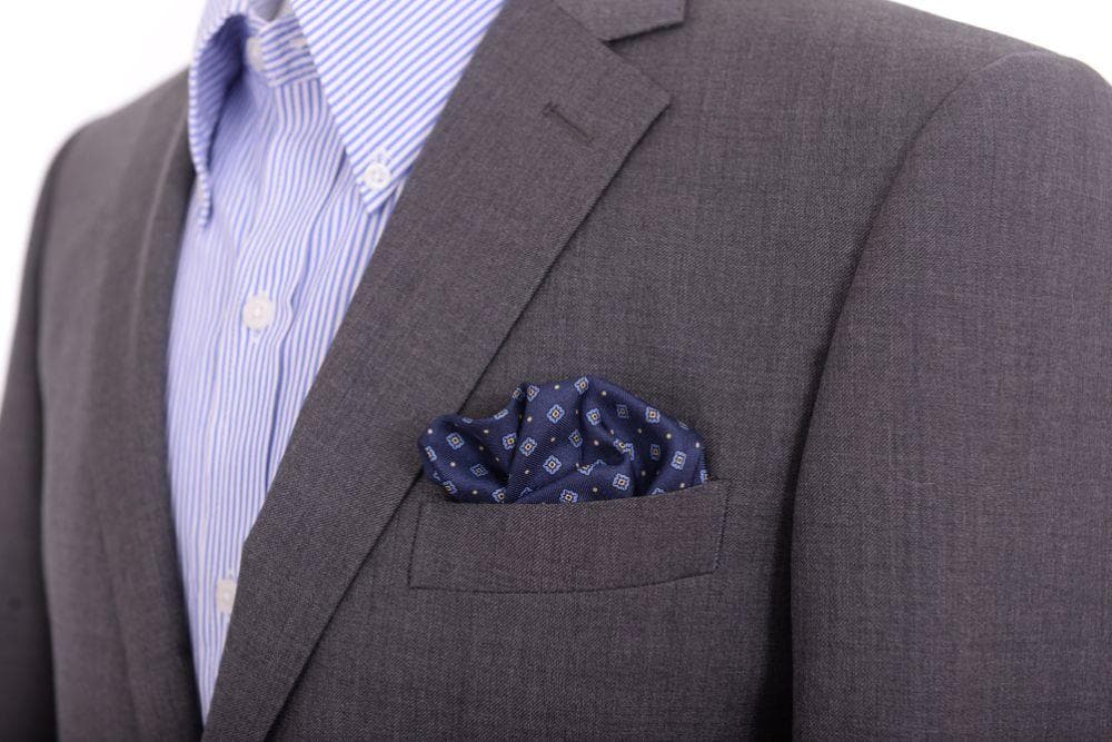 Cesare Attolini Pocket Squares Cesare Attolini Navy & Gold Geometric Motif Silk Pocket Square Handmade In Italy