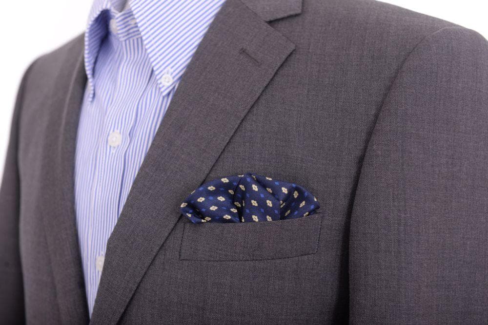 Cesare Attolini Pocket Squares Cesare Attolini Navy & Gold Small Motif Silk Pocket Square Handmade In Italy