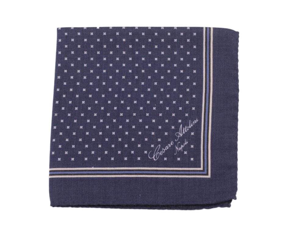 Cesare Attolini Pocket Squares Cesare Attolini Navy & White Floral Motif Wool Pocket Square Handmade In Italy
