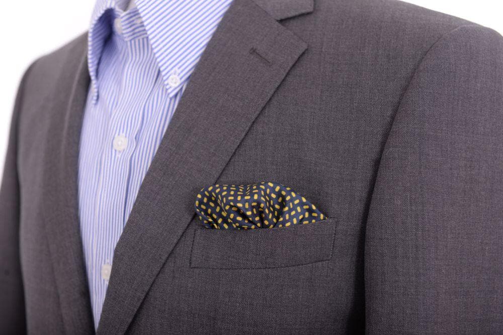 Cesare Attolini Pocket Squares Cesare Attolini Navy Yellow & Brown Motif Silk Pocket Square Handmade In Italy