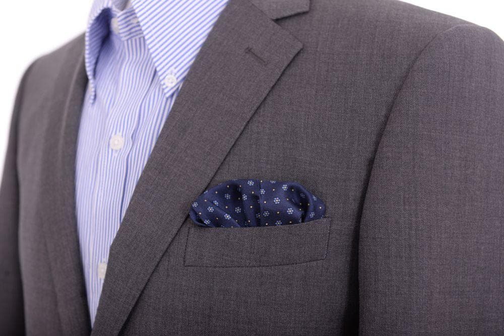 Cesare Attolini Pocket Squares Cesare Attolini Navy & Yellow Floral Motif Silk Pocket Square Handmade In Italy