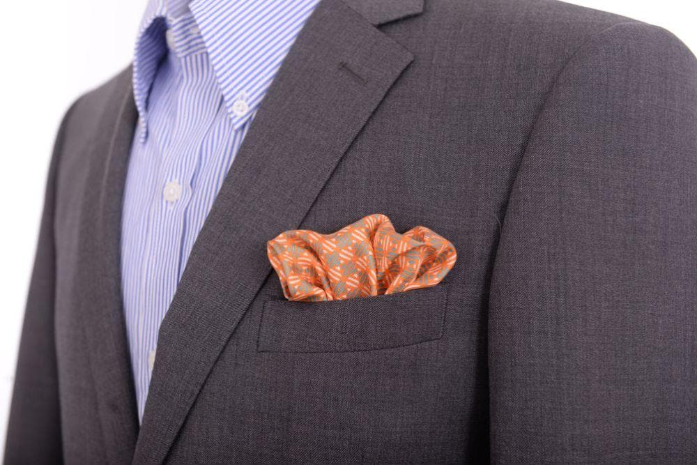 Cesare Attolini Pocket Squares Cesare Attolini Orange Geometric Print Silk Pocket Square Handmade In Italy