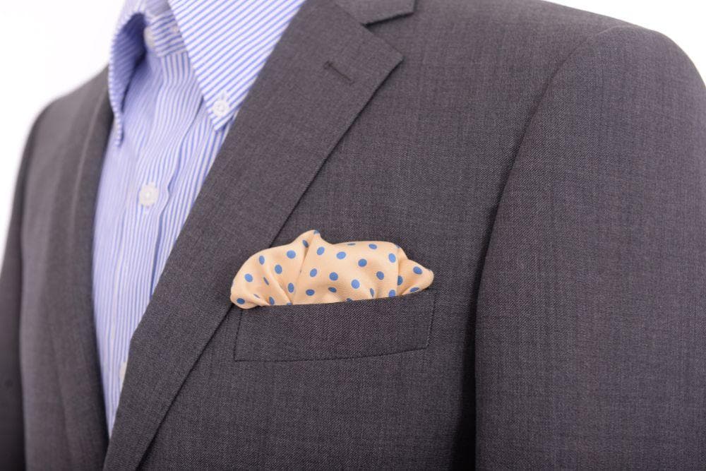 Cesare Attolini Pocket Squares Cesare Attolini Pale Yellow With Blue Polka Dot Silk Pocket Square