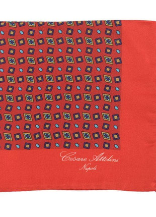 Cesare Attolini Pocket Squares Cesare Attolini Red Geometric Motif Silk Pocket Square Handmade In Italy